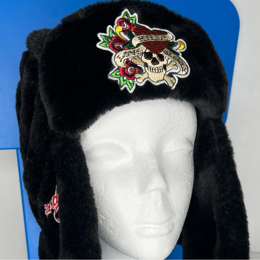Ed Hardy Women's Trapper Hat Black Faux Fur Pompoms Love Kills Skull| - Picture 4 of 8